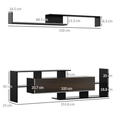 Modern TV Cabinet With Wall Shelf, Black Dark Brown