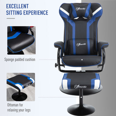 Vinsetto 2 Pieces Video Game Chair and Footrest Set, Racing Style Recliner with Headrest, Lumbar Support, Pedestal Base for Home Office, Blue