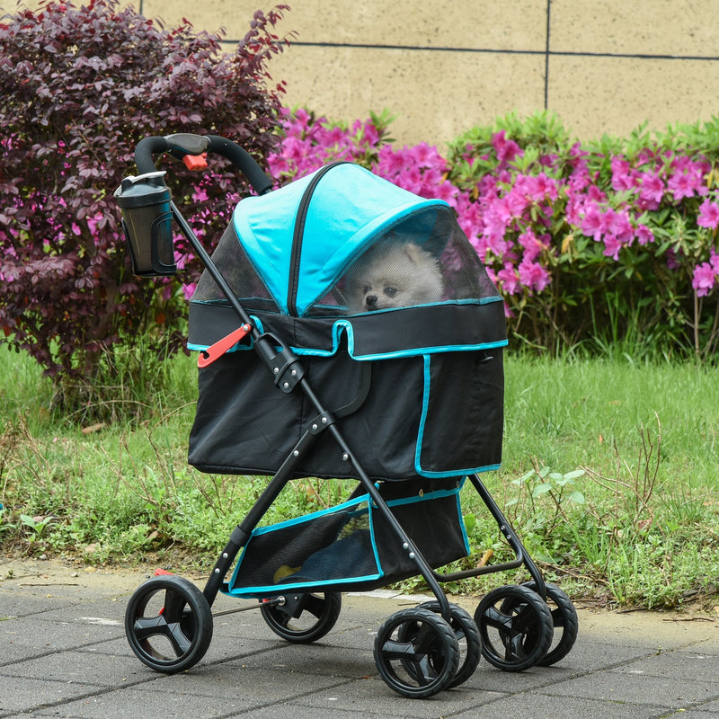 PawHut Pet Stroller Pushchair Travel One-Click Fold Trolley with EVA Wheels Brake Removable Cloth Basket Bottle Holder Adjustable Canopy Safety Leash