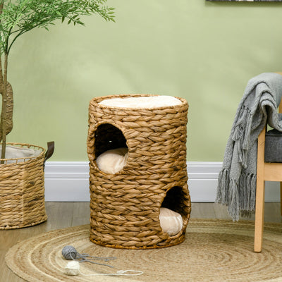 PawHut 47cm Cat Barrel Tree for Indoor Cats with 2 Cat Houses, Kitten Tower with Cushion - Light Brown