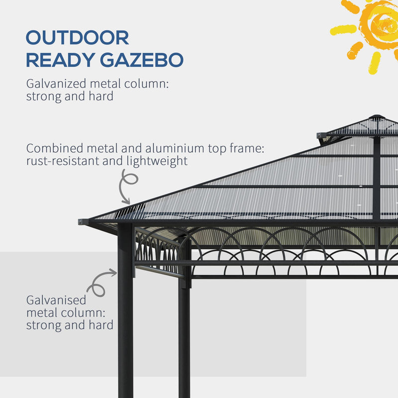 Outsunny 3 x 3 (m) Outdoor Polycarbonate Gazebo, DoubleÂ Roof Hard Top Gazebo withÂ Galvanized Steel Frame, NettingsÂ &Â Curtains