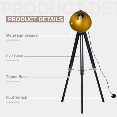 HOMCOM Industrial Floor Lamp for Living Room Tripod Spotlight Reading Lamp w/Wood Legs Metal Shade Adjustable Height Angle Black and Gold