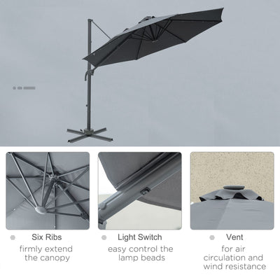 Outsunny 3(m) Cantilever Roma Parasol Patio Sun Umbrella with Crank & Tilt LED Solar Light Cross Base 360° Rotating Outdoor, Dark Grey