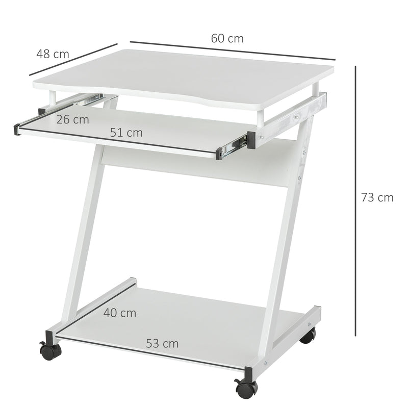 HOMCOM Movable Compact Small Computer PC Desk with 4 Moving Wheels Sliding Keyboard Tray Home Office Gaming Study Workstation White