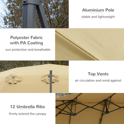 Patio Parasol, Large Double-Sided Rectangular Garden Umbrella- Khaki