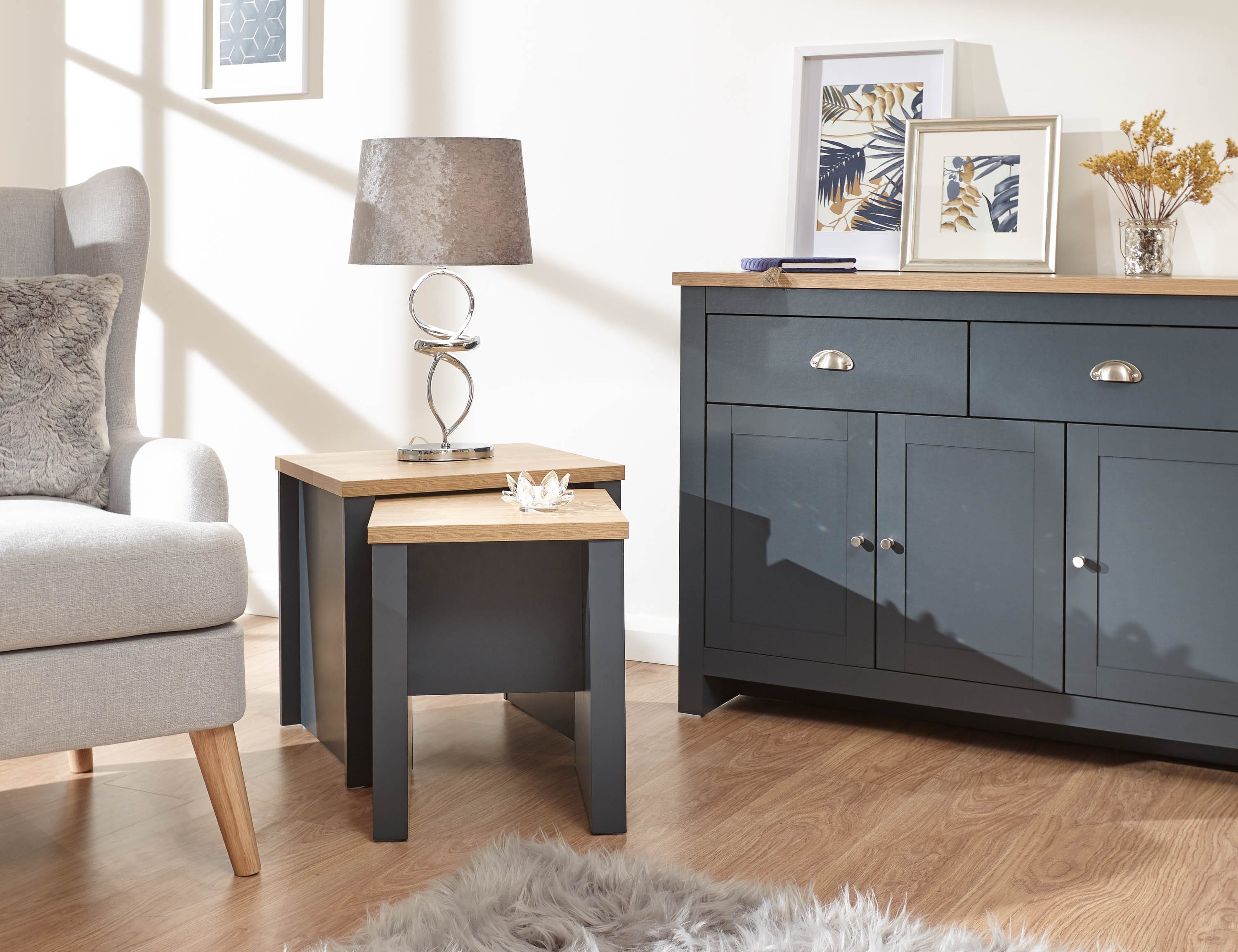 Blue store nesting tables