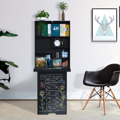 Folding Wall-Mounted Drop-Leaf Table With Chalkboard Shelf Multifunction Black