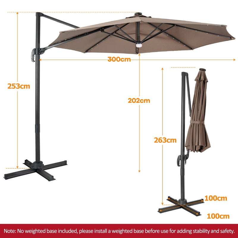 10 Feet Cantilever Solar Umbrella 28LED Lighted Patio Offset Tilt 360° for Outdoor