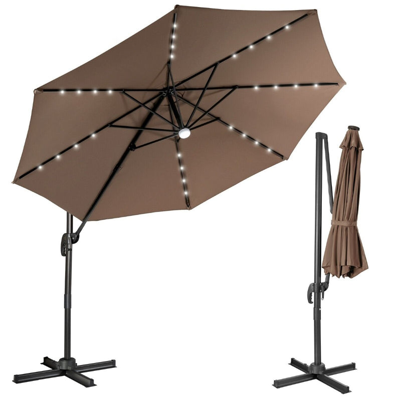 10 Feet Cantilever Solar Umbrella 28LED Lighted Patio Offset Tilt 360° for Outdoor