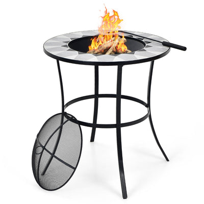 Outdoor Fire Pit with Tile Tabletop and Mesh Screen Lid