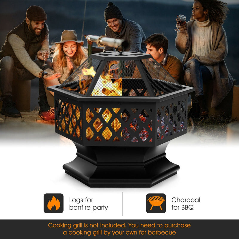 Hexagon Charcoal Metal Fire Pit with Fire Poker for Patio