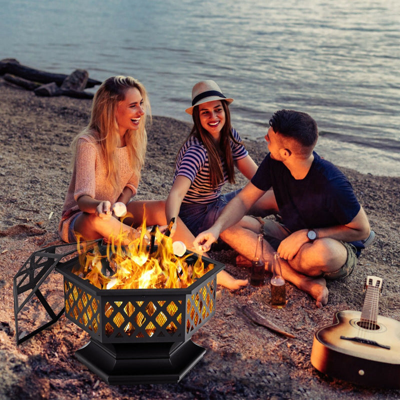 Hexagon Charcoal Metal Fire Pit with Fire Poker for Patio