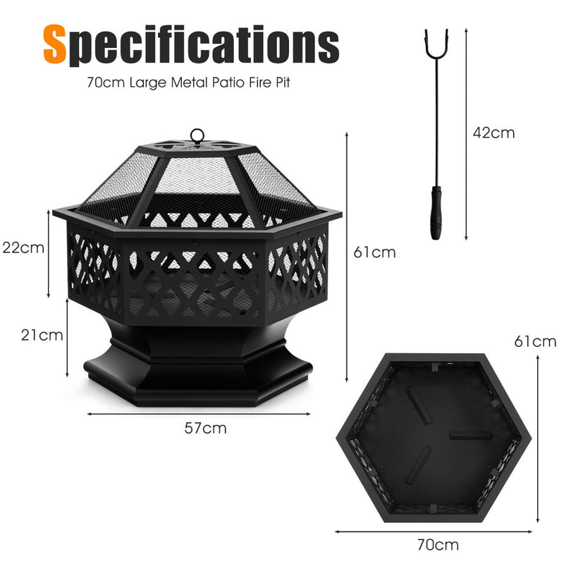 Hexagon Charcoal Metal Fire Pit with Fire Poker for Patio