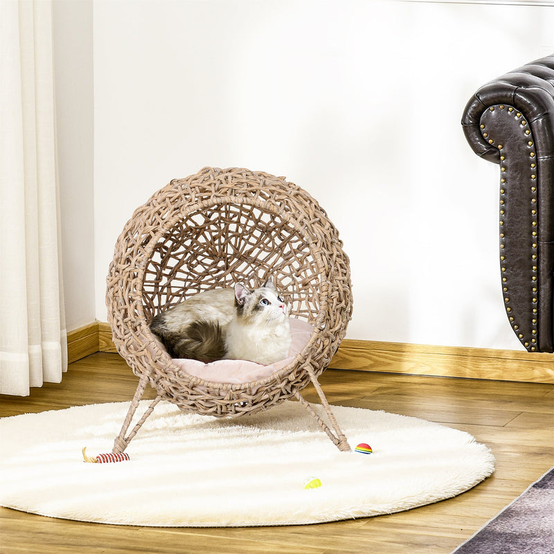 PawHut Wicker Cat Bed, Ball-Shaped Rattan Elevated Cat Basket with Three Tripod Legs, Cushion, Natural Wood Finish