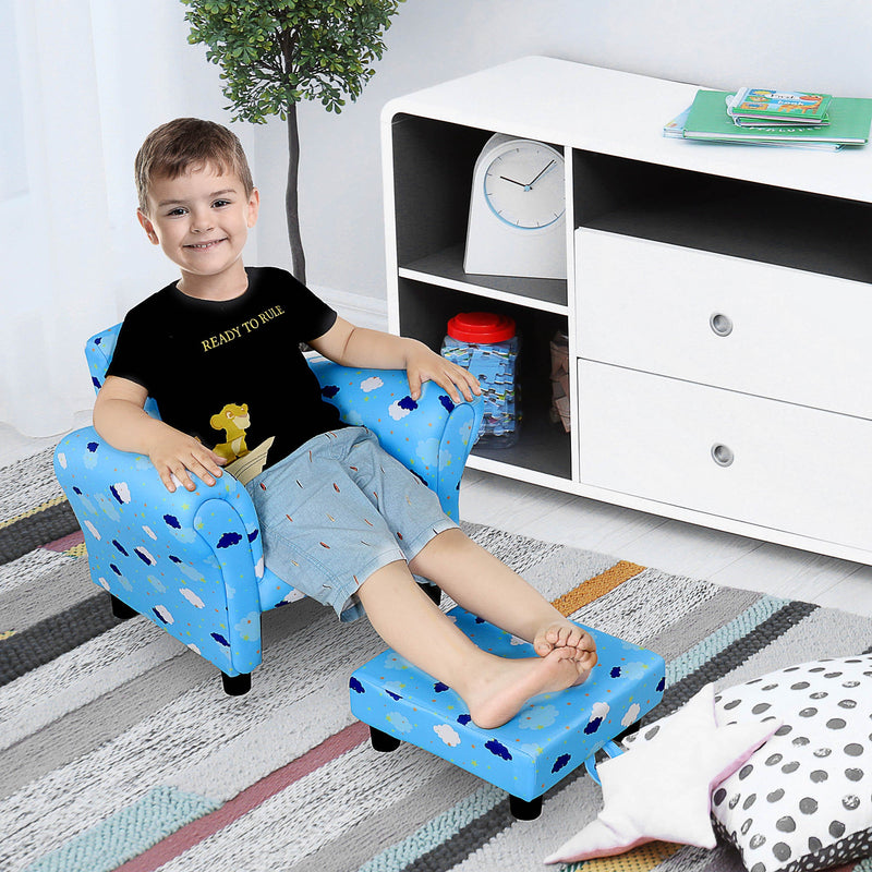 HOMCOM Kids Children Armchair Mini Sofa Wood Frame w/ Footrest Anti-Slip Legs High Back Arms Bedroom Playroom Furniture Cute Cloud Star Blue