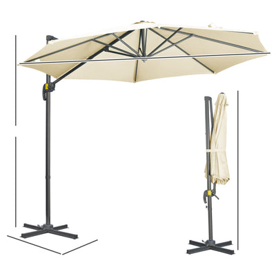 Outsunny 3 x 3(m) Cantilever Parasol with Cross Base, Garden Umbrella with 360° Rotation, Crank Handle and Tilt for Outdoor, Patio, Cream White