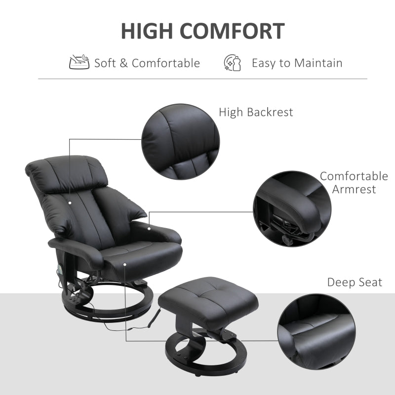 Faux Leather Ten-Point Massage Recliner And Footstool - Black