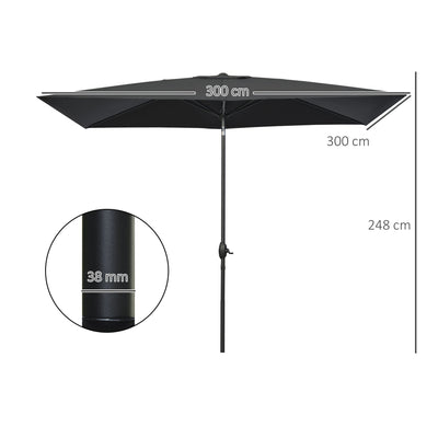 Outsunny 2 x 3(m) Garden Parasols Umbrellas Rectangular Patio Market Umbrella Outdoor Sun Shade w/ Crank & Push Button Tilt, Aluminium Pole, Black