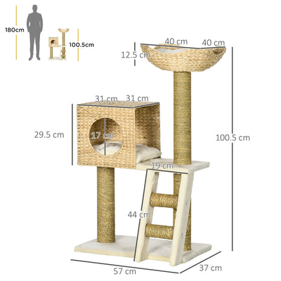 PawHut Cat Tree for Indoor Cats Kitten Tower Cattail Weave with Scratching Posts, Cat House, Bed， Washable Cushions Natural, 57 x 37 x 100.5 cm