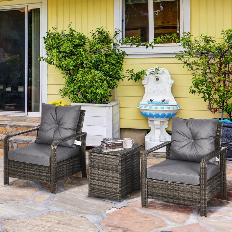 2-Seater PE Rattan Garden Seating Set W/ 2 Padded Chair Storage Table Grey