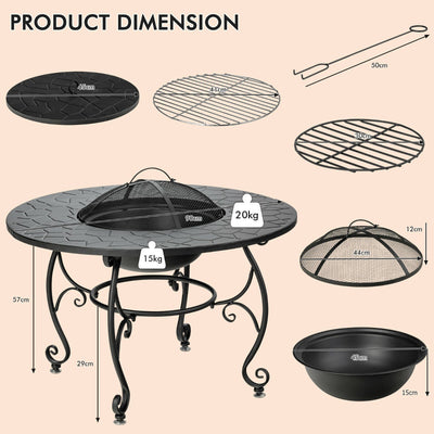 Round Wood Burning Fire Bowl with Cooking Grill and Mesh Cover