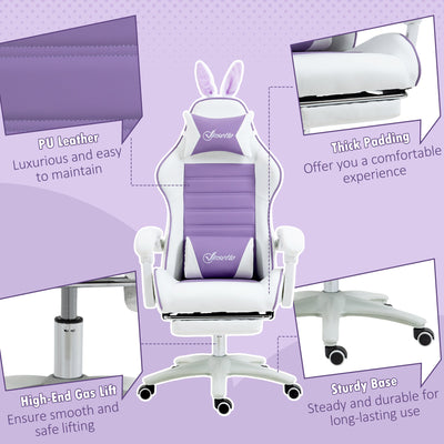 Vinsetto Racing Gaming Chair, Reclining PU Leather Computer Chair with Removable Rabbit Ears, Footrest, Headrest and Lumber Support, Purple