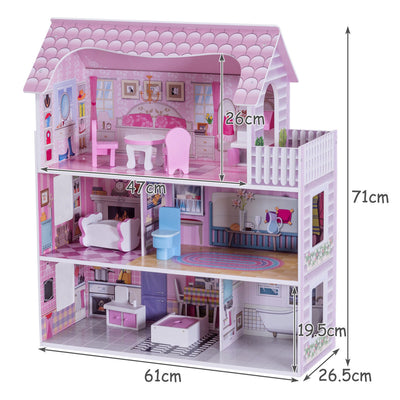 Wooden Dolls House Playset with Furniture and Accessories