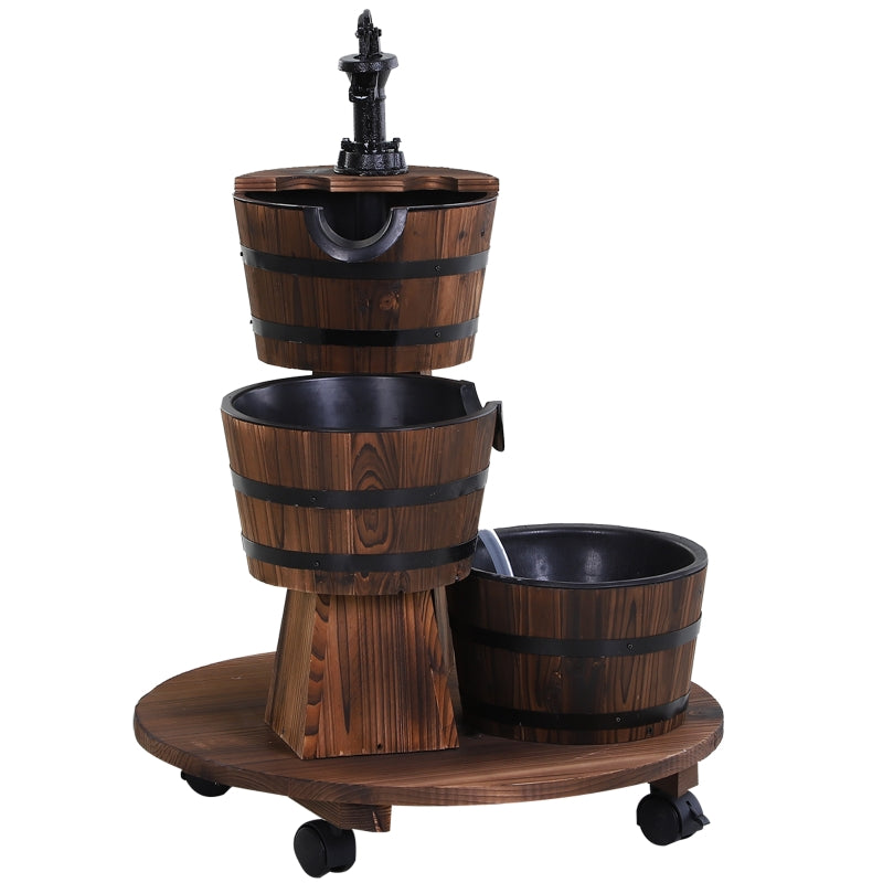 Patio Wooden Water Fountain 3 Barrels Set With Wheels