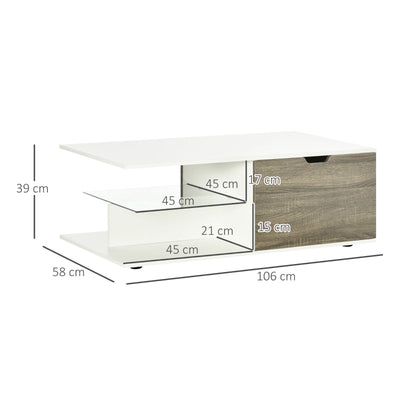 Modern Coffee Table With Tempered Glass Shelf And Two Drawers, White