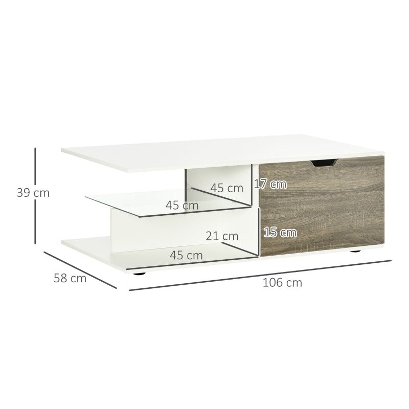 Modern Coffee Table With Tempered Glass Shelf And Two Drawers, White