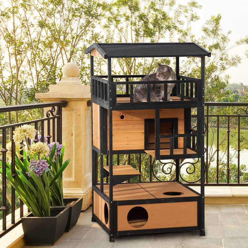 Casa de madera para gatos PawHut de 3 niveles para el refugio de invierno para gatitos con terraza con techo inclinado, escalón para saltar, bandeja inferior, base elevada, color amarillo