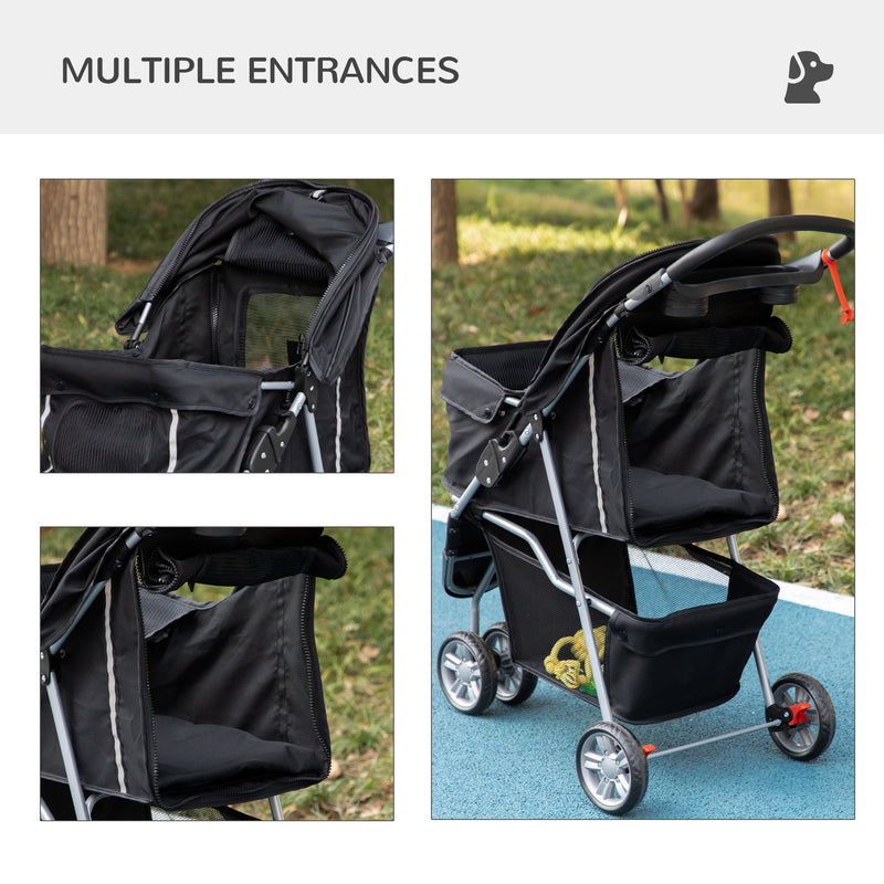 PawHut Pet Travel Stroller Cat Dog Pushchair Trolley Puppy Jogger Carrier Three Wheels for Small Miniature Dogs(Black)