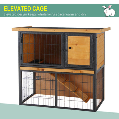 PawHut Wood-metal Guinea Pigs Hutches Elevated Pet House Bunny Cage with Slide-Out Tray Asphalt Openable Roof Lockable Door Outdoor