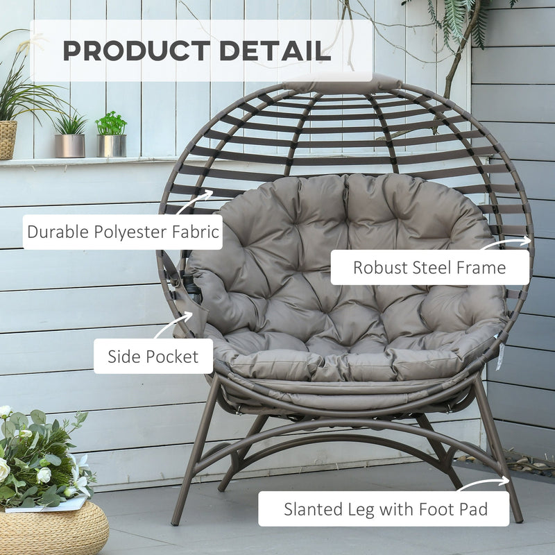 Outsunny 2 Seater Egg Chair with Soft Cushion, Steel Frame and Side Pocket, Garden Patio Basket Chair for Indoor, Outdoor, Brown