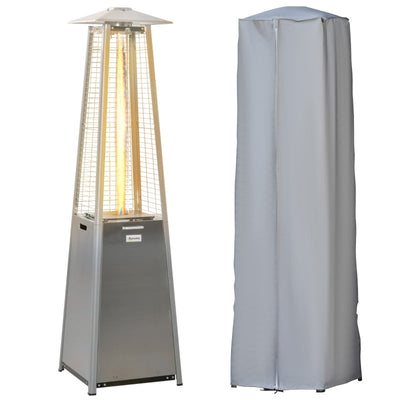 Outsunny 11.2KW Outdoor Patio Gas Heater, Pyramid Propane Tower With Wheels, Dust Cover, Regulator Hose, Silver