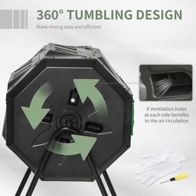 160L Tumbling Compost Bin Outdoor Dual Chamber 360° Rotating Composter, Black