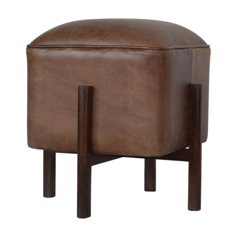 Brown Leather Footstool with Solid Wood Legs