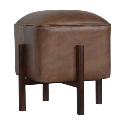 Brown Leather Footstool with Solid Wood Legs