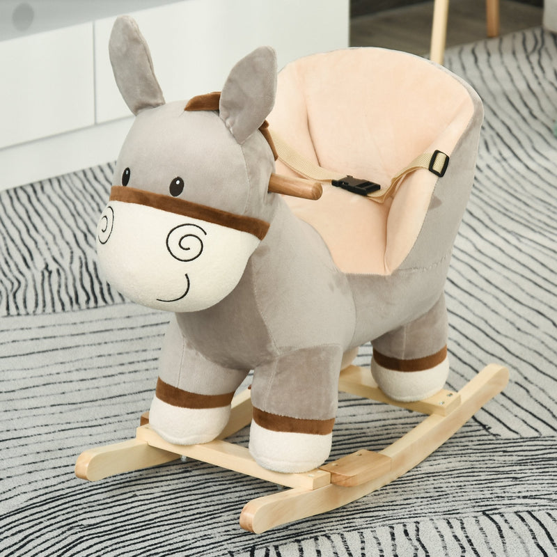 HOMCOM Toddlers Donkey Plush Rocking Ride On w/ Sound Grey