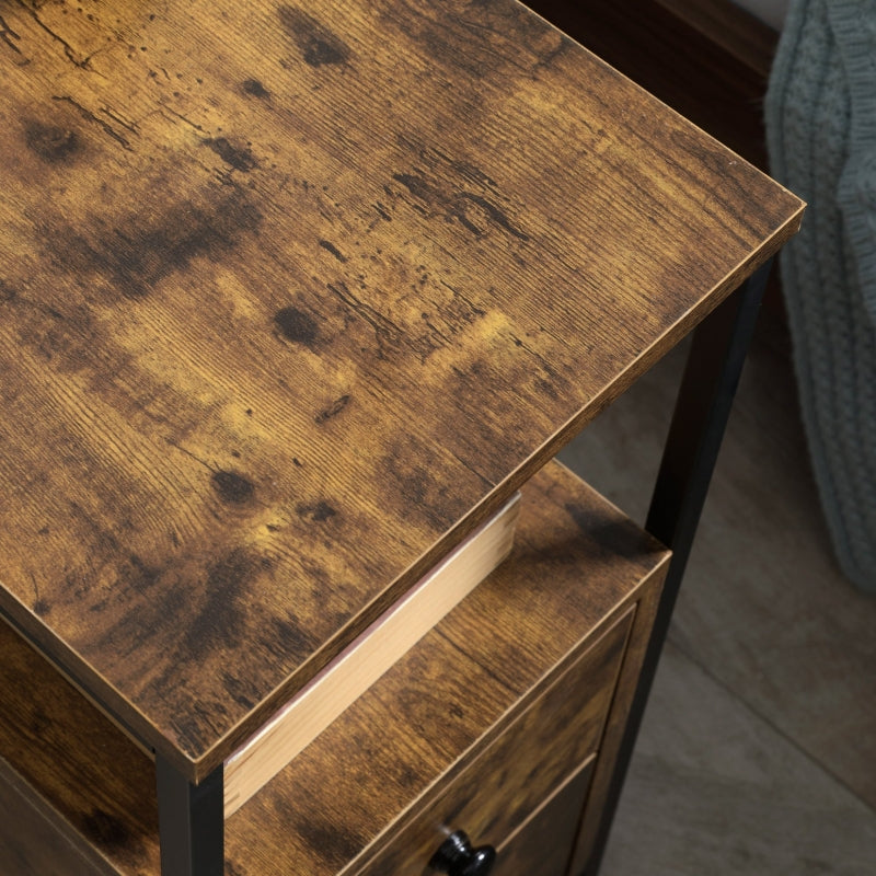 Side Table With 2 Drawers And Storage Shelf, Rustic Brown