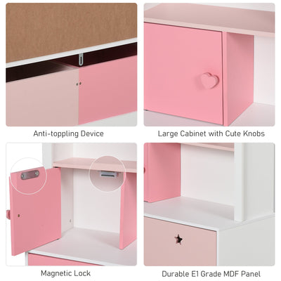 HOMCOM Kids Bookshelf Chest w/ Drawer with Wheels Baby Toy Wood Organizer Display Stand Storage Cabinet 80x34x130cm Pink