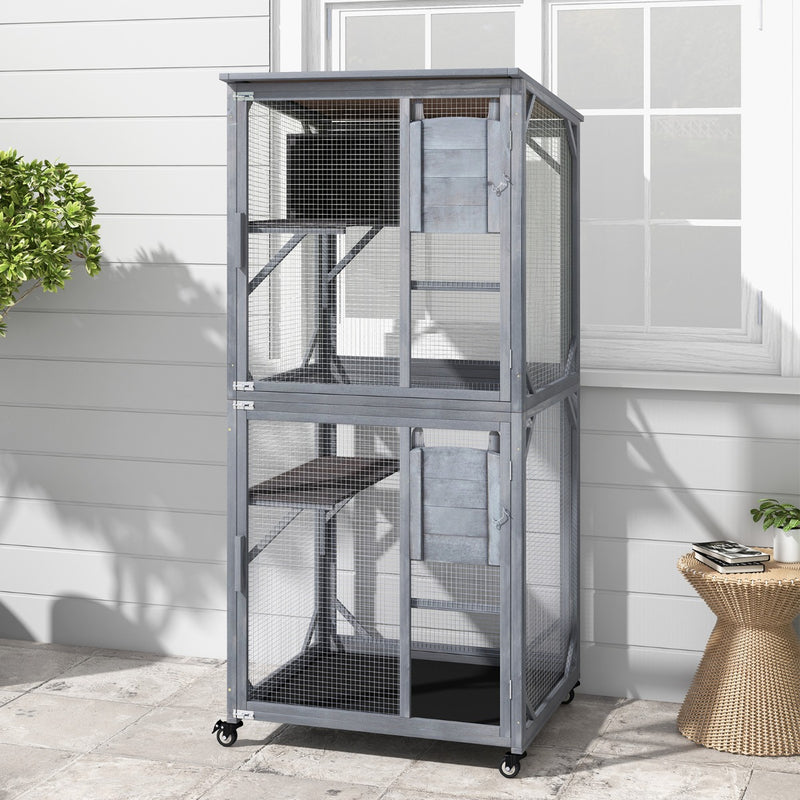 182 cm Tall Outdoor Catio Kitten Enclosure with Weatherproof Asphalt Roof-Grey