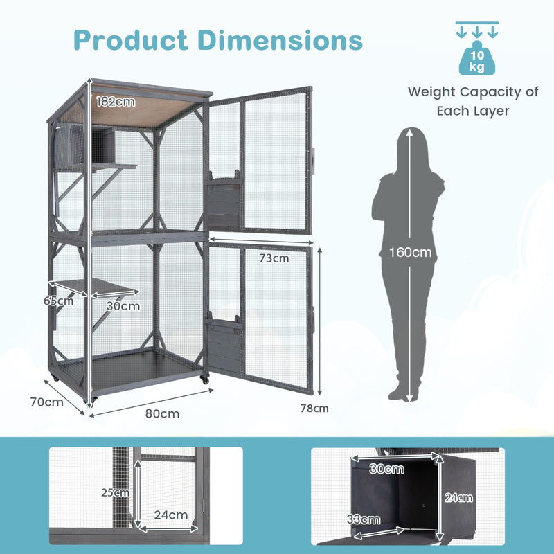 182 cm Tall Outdoor Catio Kitten Enclosure with Weatherproof Asphalt Roof-Grey