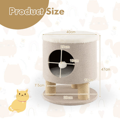 Cat Condo Stool for Indoor Cats with Scratching Posts and Plush Ball Toy-Beige