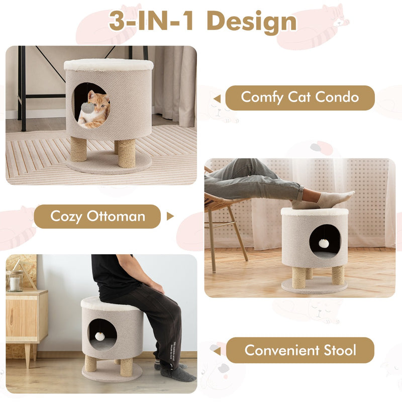 Cat Condo Stool for Indoor Cats with Scratching Posts and Plush Ball Toy-Beige