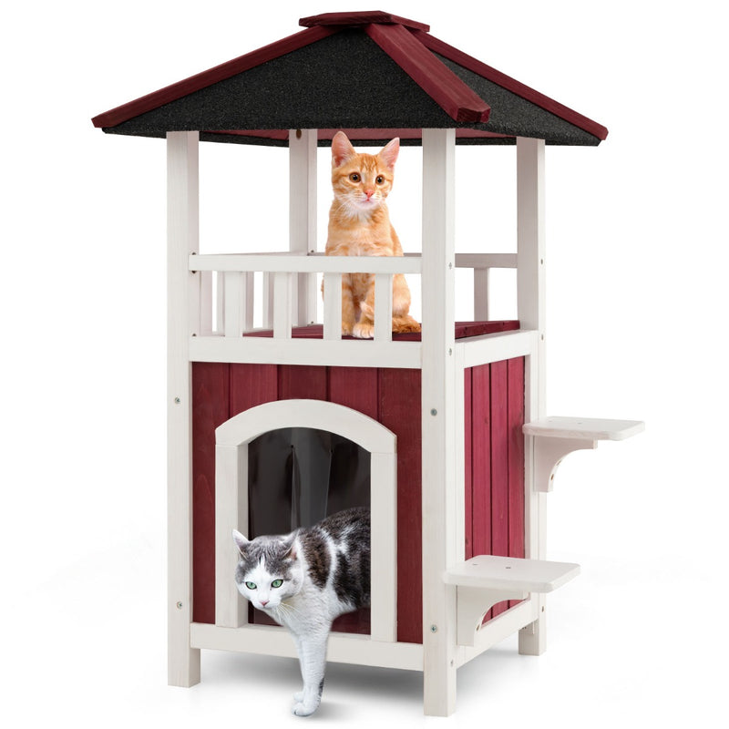 2-Story Wooden Cat Shelter with Asphalt Roof-Red