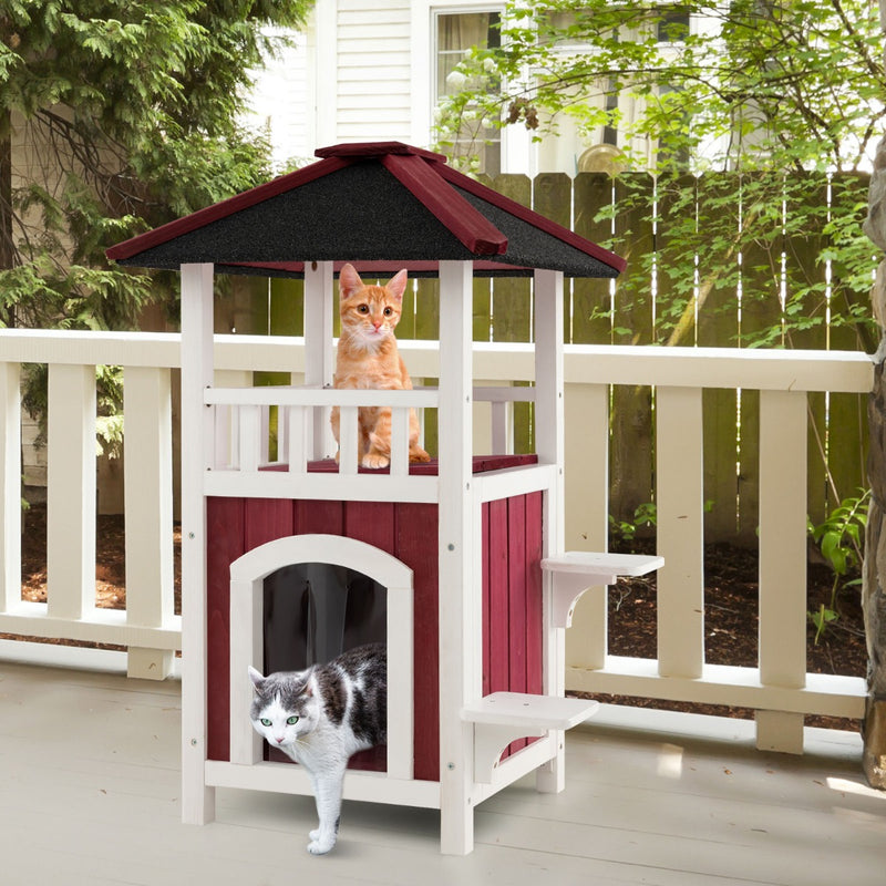 2-Story Wooden Cat Shelter with Asphalt Roof-Red