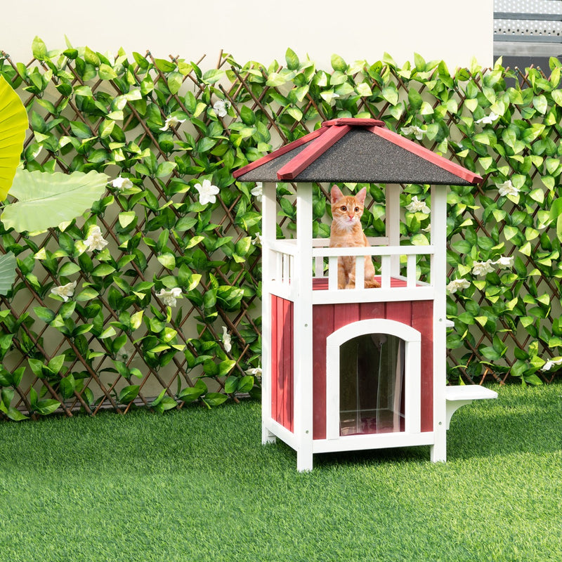 2-Story Wooden Cat Shelter with Asphalt Roof-Red