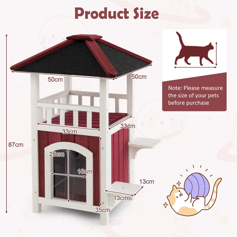 2-Story Wooden Cat Shelter with Asphalt Roof-Red