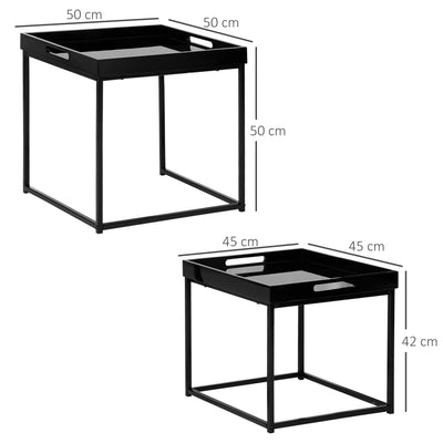 HOMCOM Modern Coffee Table Set of 2, Square Nest of Tables with Steel Frame and High Gloss Effect for Living Room, Black